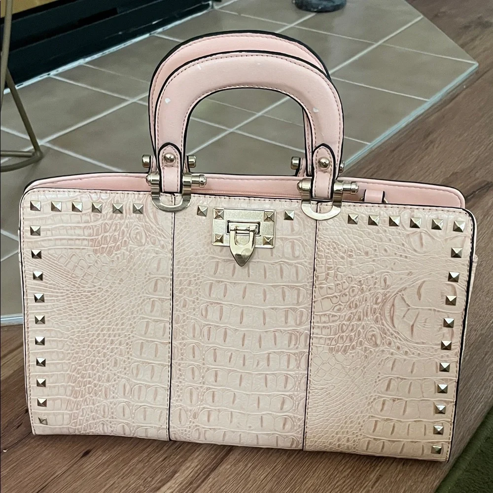 Faux leather croc print structured bag with gold tone rock stud detail